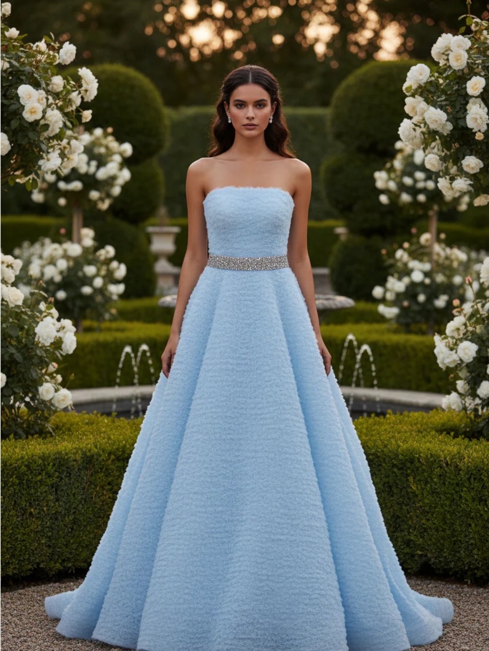 Strapless Light Blue Ball Gown with Beaded Waist